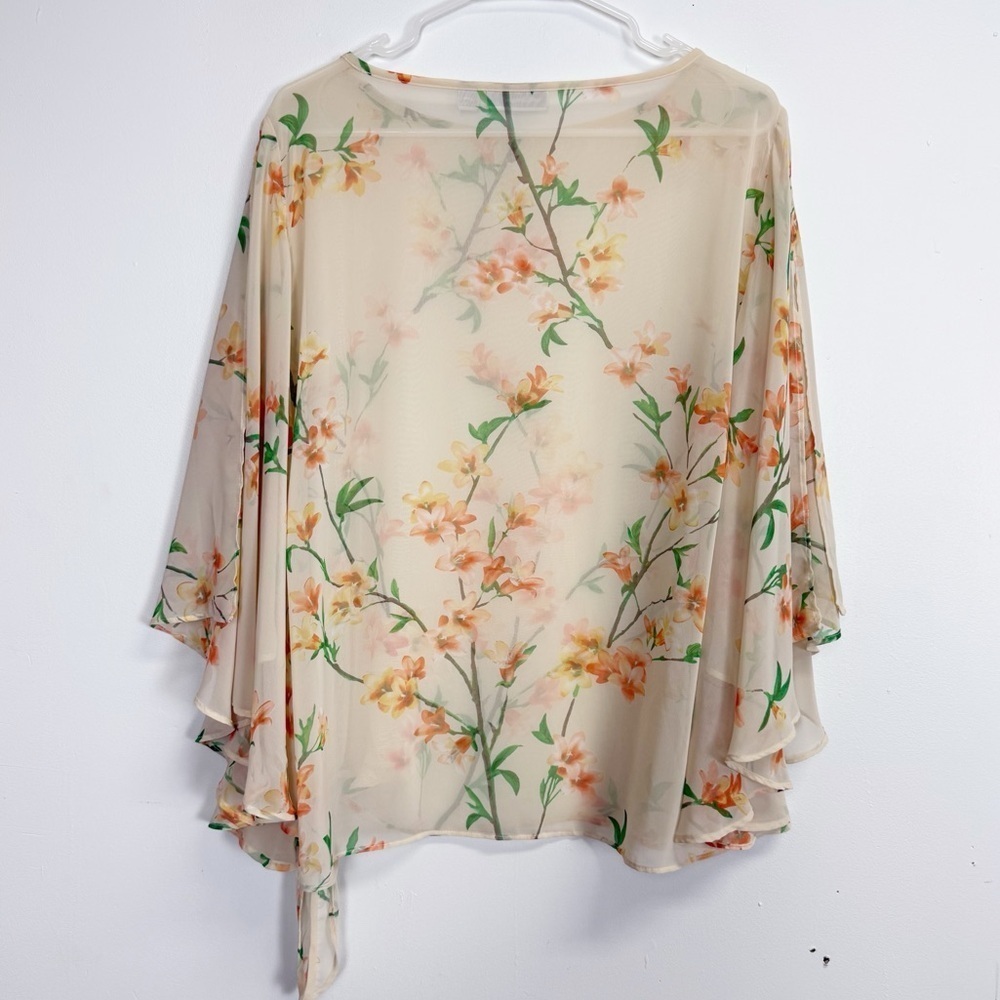 Susan Graver Blouse Womens Size Large Split Sleeve Orange Green Sheer Floral Top - Picture 2 of 10